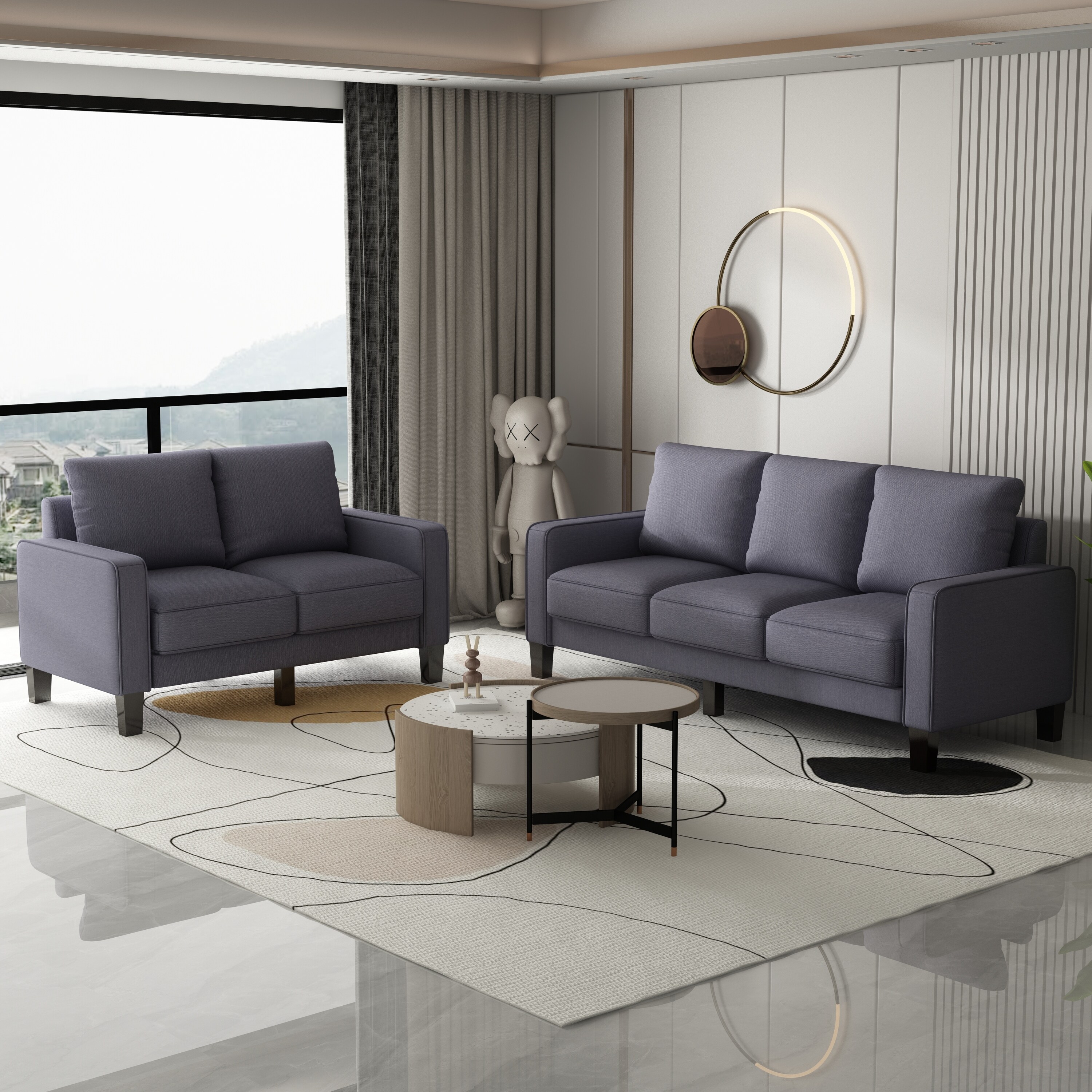 2+3 Seat Fabric Sofa Set in Dark Gray for Living Room - Bed 2+3 Seat Fabric Sofa Set in Dark Gray for Living Room - Bed